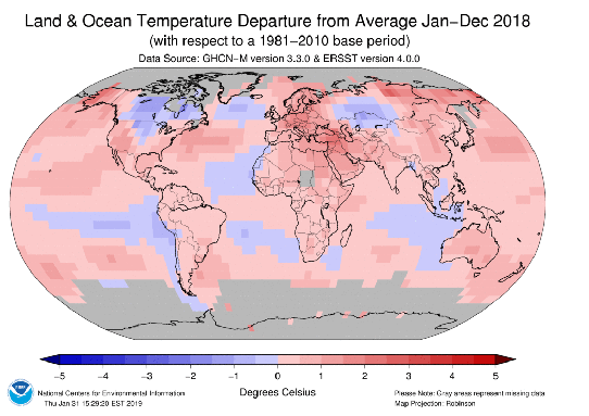 Land and Ocean Temperature Average Map January-December 2018