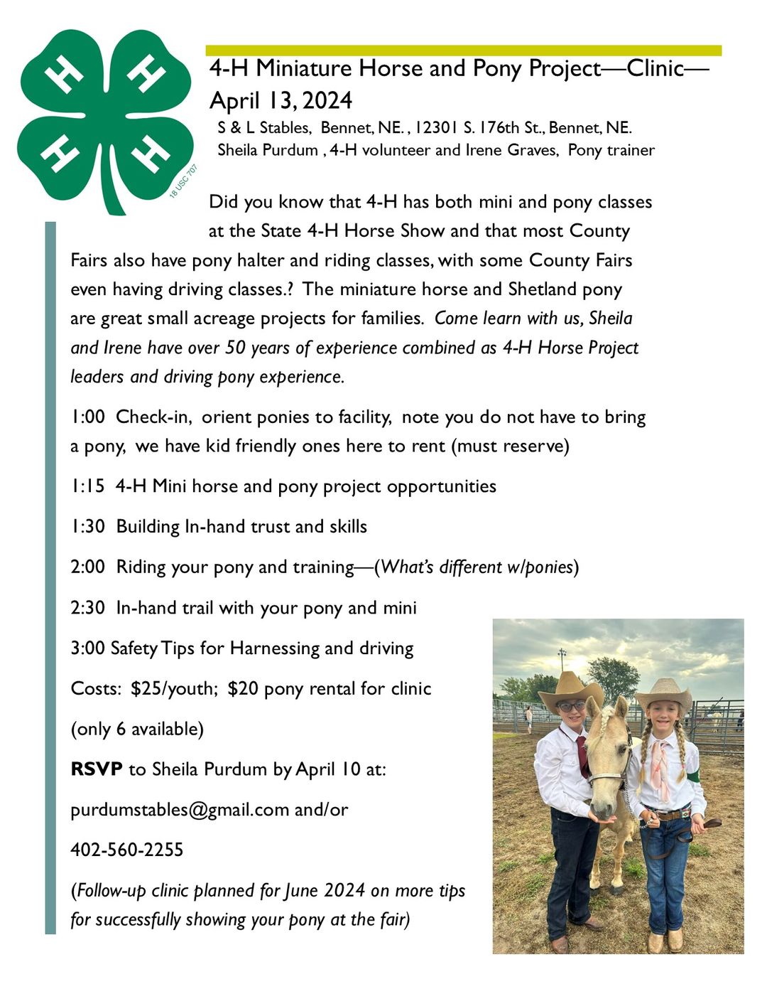 4-H Miniature Horse and Pony Project Clinic, April 13; Register by April 10