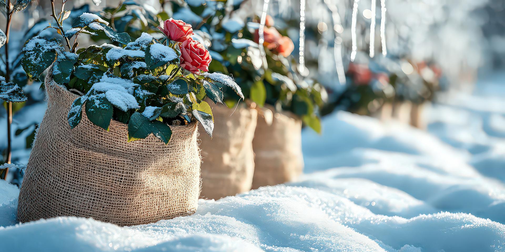 Rose plants wrapped with burlap and loosely packed with leaves or straw for an extra measure of protection.