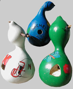 Birdhouses and feeder made from gourds
