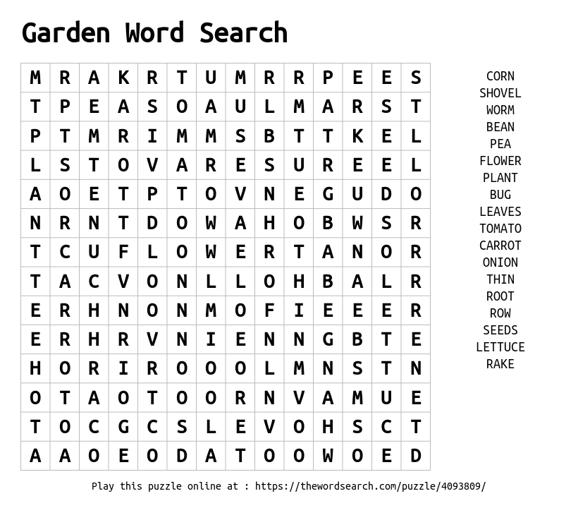 Vegetable garden word search board. 
