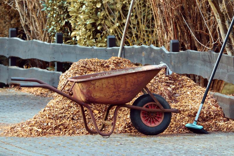 Picture of garden wheelbarrow full of mulch.