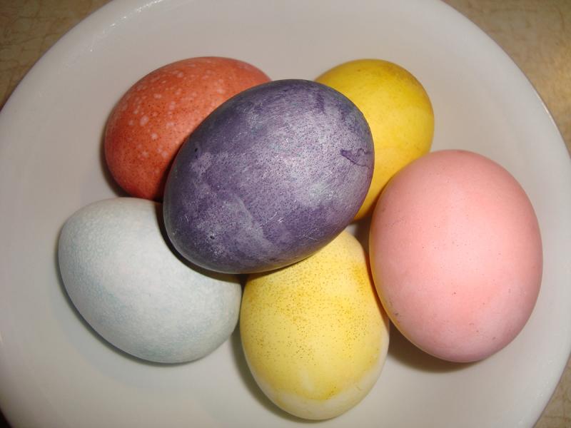 Picture of colorful eggs on a white plate.