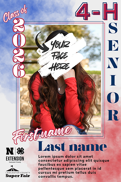 4-H senior 2026 poster design with red, blue text, and graphic elements, with a placeholder image.