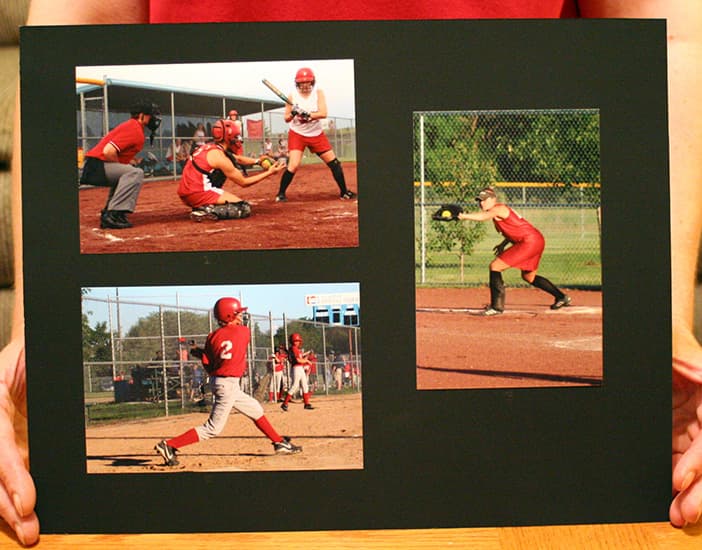 Sample front side of a picture display of 3 photos on a black matting board. Display board MUST be HORIZONTAL. Photos may be horizontal OR vertical.