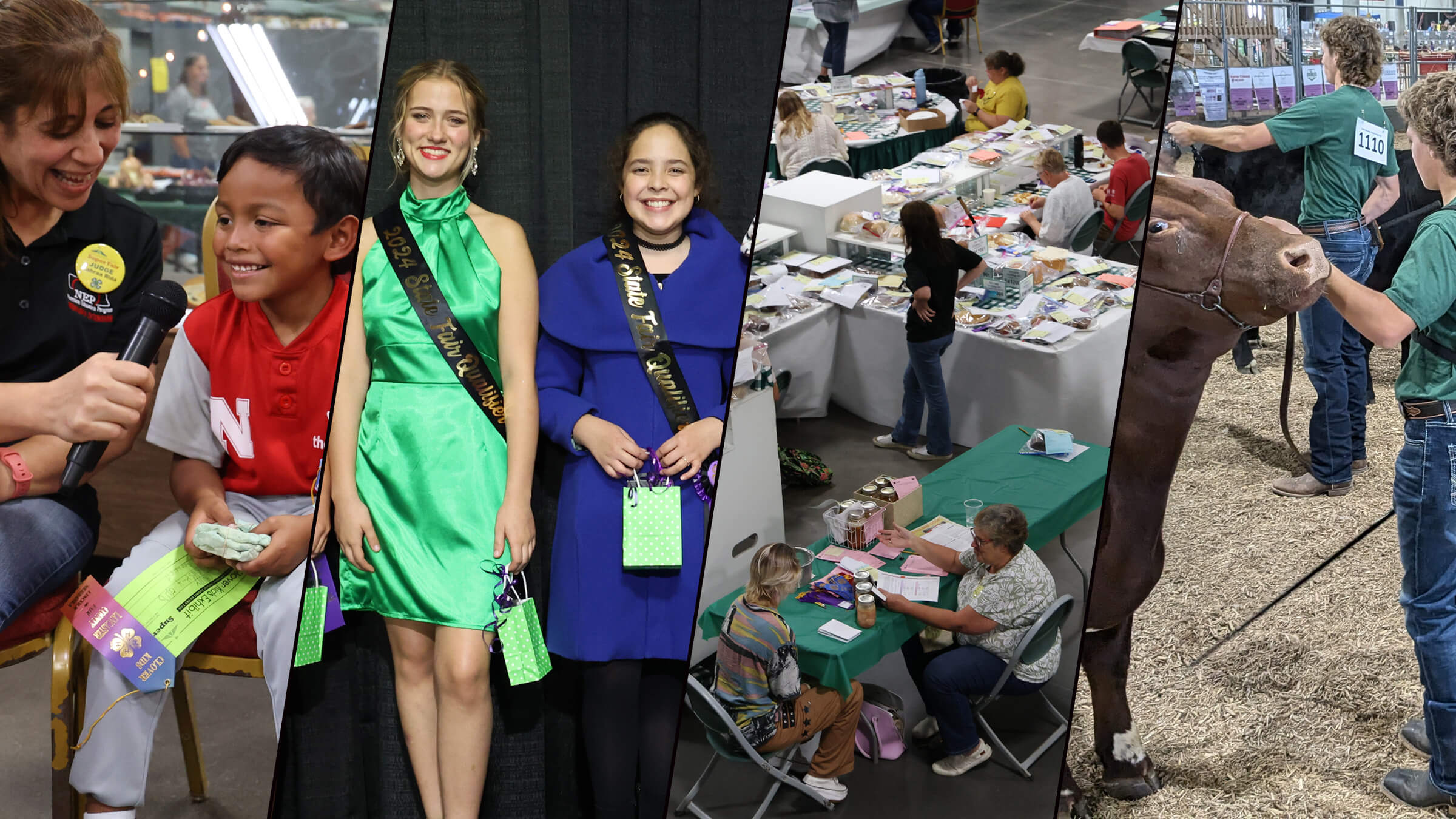 Collage of 4 photos, one of a boy talking to a woman, one of two youth modeling clothing with winner sashes, one of tables full of exhibits at fair, and a photo of two older boys showing beef cattle