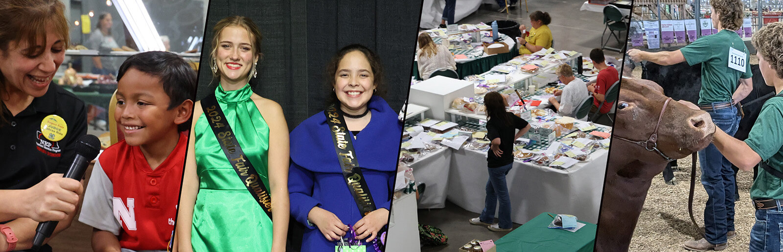 Collage of 4 photos, one of a younger boy talking to an adult woman, one of two youth modeling clothes on a runway, one of tables full of exhibits at fair, and a photo of two older boys showing beef cattle