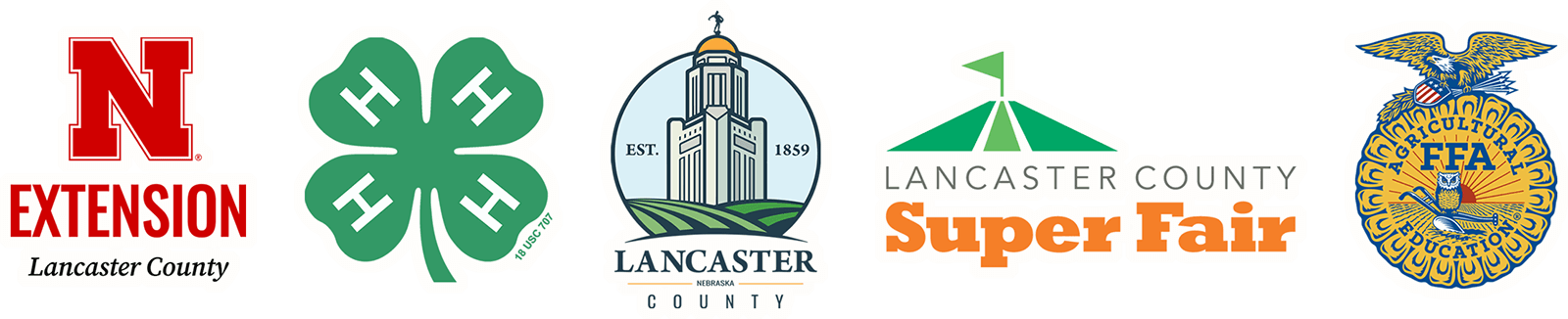 Extension, 4-H, Lancaster County, Super Fair and FFA logos