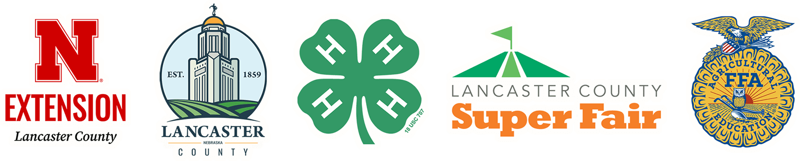 5 logos: Nebraska Extension in Lancaster County, Lancaster County government, 4-H, Lancaster County Super Fair, FFA