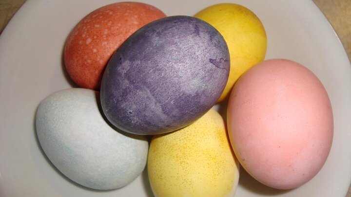 Picture of colorful eggs on a white plate.