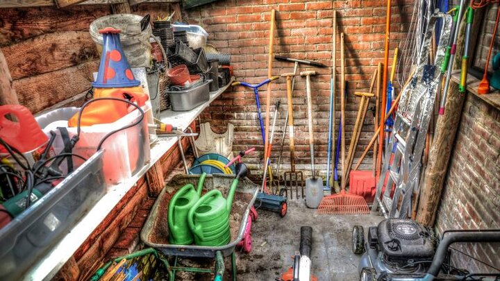 Image of tools in a garden shed. 