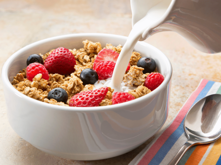 bowl of cereal with milk and fruit