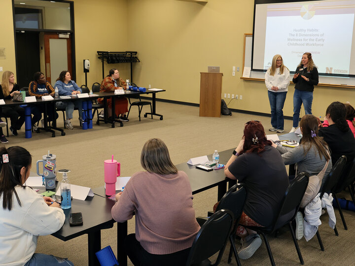 Two women presenting to a room of women sitting around tables