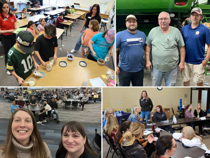 Collage of four photos: one of two adult educators and students in a classroom, one of three men in a farm field, one of two educators in front of a room of people, one of two educators interacting with several adult women