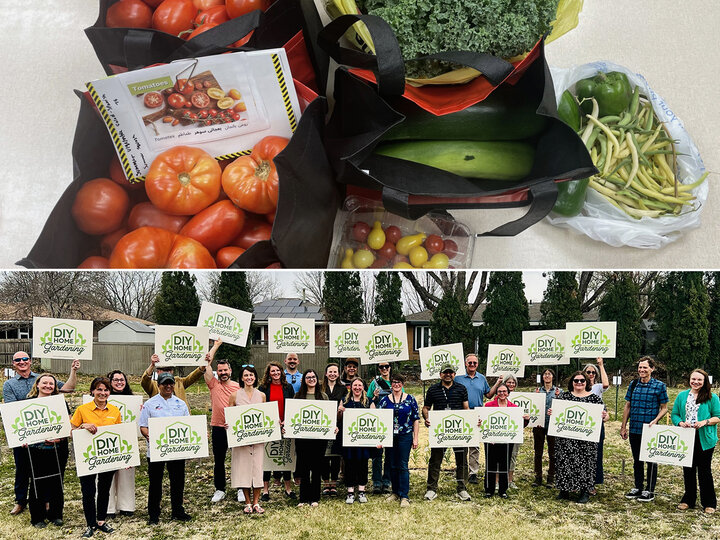 Bags of fresh produce on a table; group holding "DIY Greenery" signs outdoors.