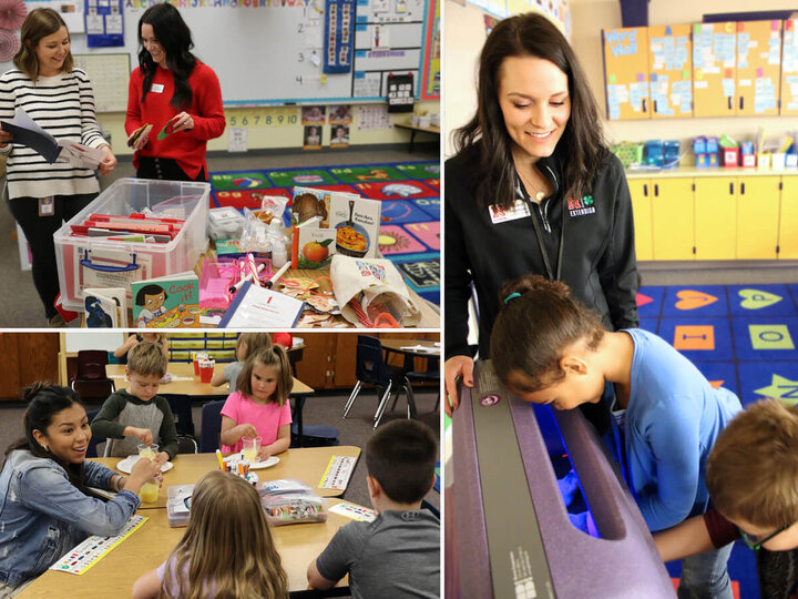 Collage of 3 photos: one of two women looking at a table full of hands-on teaching activities; one of a woman leading young students in a classroom making pudding in cups; one of a woman smiling at two students looking at their glowing hands under a black light box