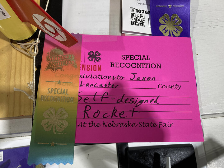 Special Recognition card for a self-designed rocket at the Nebraska State Fair.