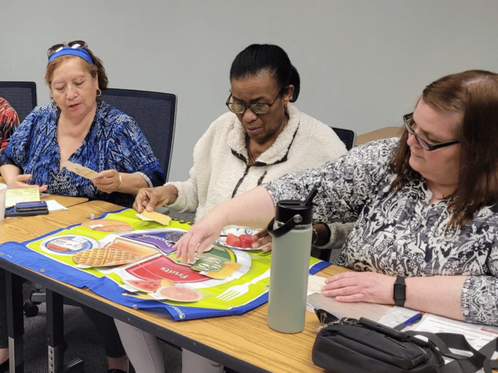 women at a nutrition education program completing a MyPlate activity