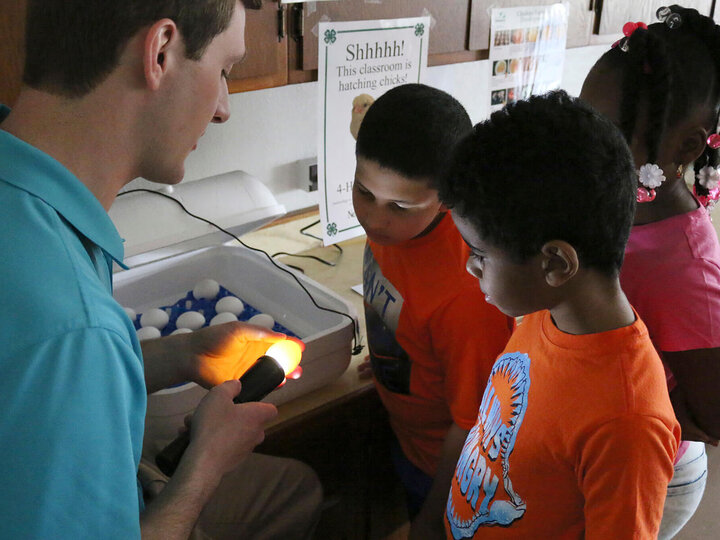 A male shining a flashlight through a candle through an egg and showing it to three students