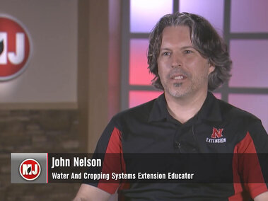 Male speaker in black and red shirt with "N Extension" logo, seated in studio with wood and glass backdrop. Overlay text reads John Nelson, Water and Cropping Systems Extension Educator