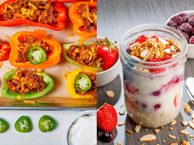 Photos of two food recipes: Bell Pepper Nachos and Berry Good Overnight Oatmeal