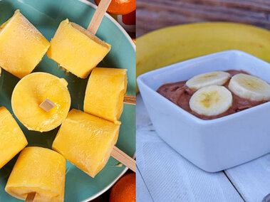 A collage of two photos. One of yogurt and orange juice pops with wooden sticks on a plate. Second photo of a chocolately creamy mixture topped with banana slices in a white bowl.