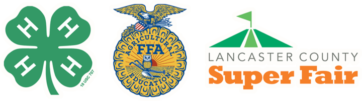 4-H clover, FFA emblem, and Lancaster County Super Fair logo with green tent.
