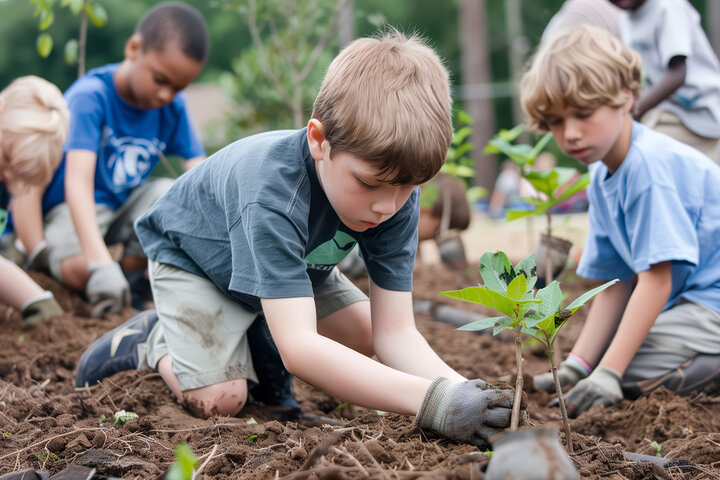 young children with garden gloves on - kneeling down planting a small tree.