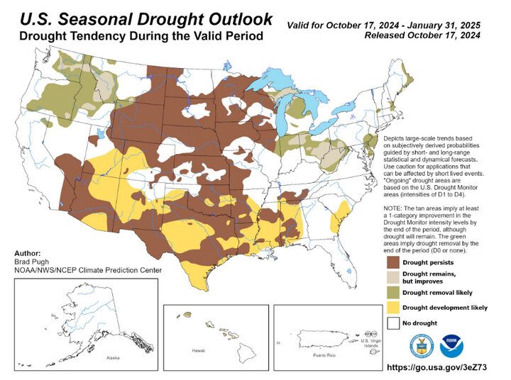 NAOO map of US drought outlook 2024-2025