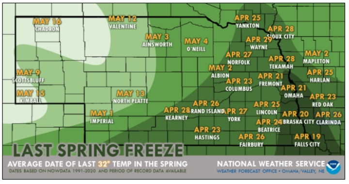 Image of National Weather Service spring frost date map for Nebraska. 