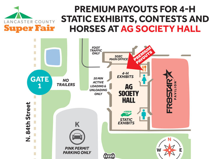 Map showing Ag Society Hall, parking lots, Fr8Star Pavilion, and labeled gates at an event.Partial map of Sandhills Global Event Center fairgrounds with labeled buildings, parking areas, foot traffic zones, and Gate 1 entrance. An arrow labels Premium Payouts points to the Ag Society Hall