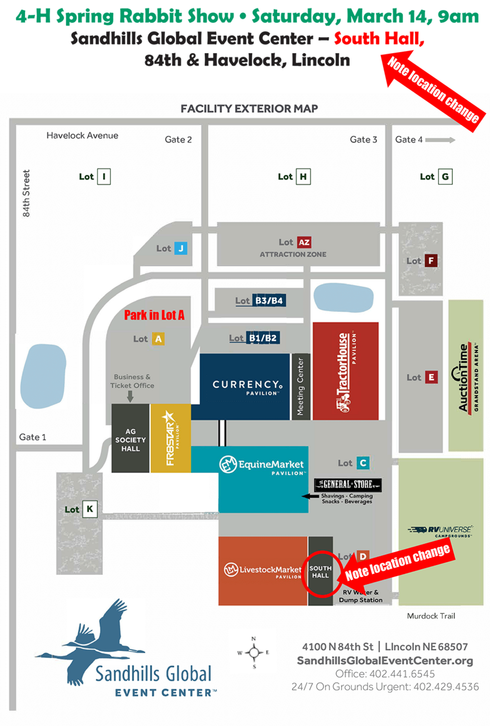 Map of the Sandhillls Global Event Center fairgrounds, with arrows to the 4-H Rabbit Show